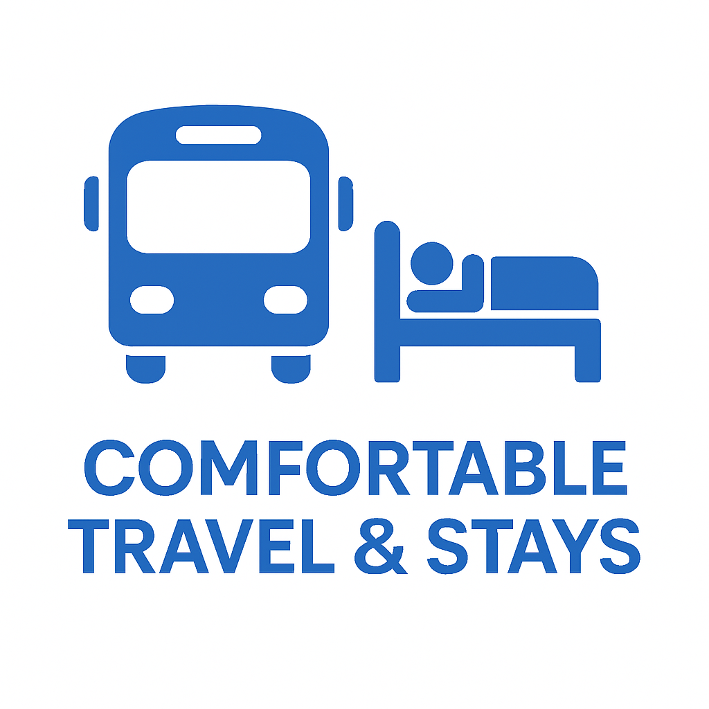 Blue icons of a travel bus and hotel bed with text reading Comfortable Travel & Stays, representing reliable transportation and cozy accommodations in Himachal tour packages