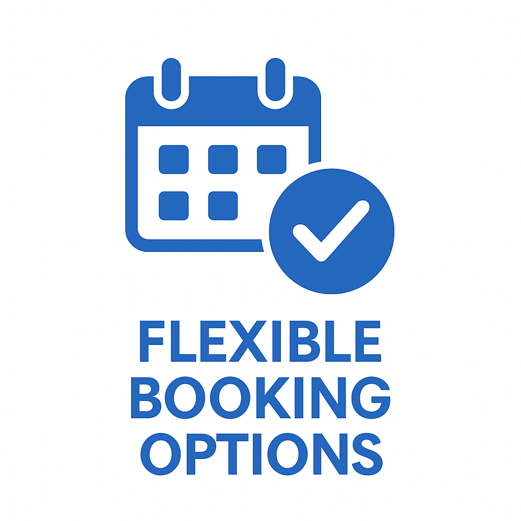 Blue calendar icon with checkmark and text reading Flexible Booking Options, representing easy rescheduling and hassle-free trip modifications for Himachal tour packages