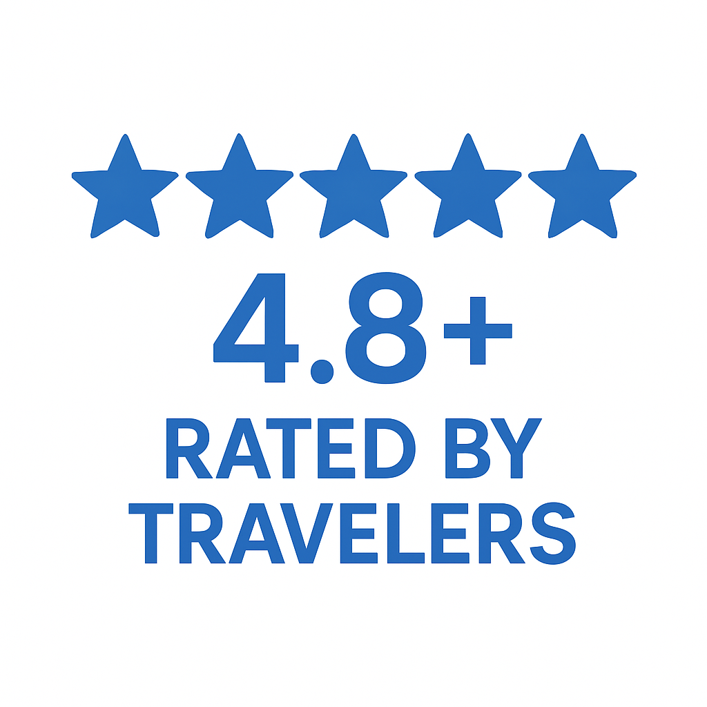 Row of five blue stars with bold text reading 4.8+ Rated by Travelers, representing top-rated Himachal tour packages based on customer reviews.