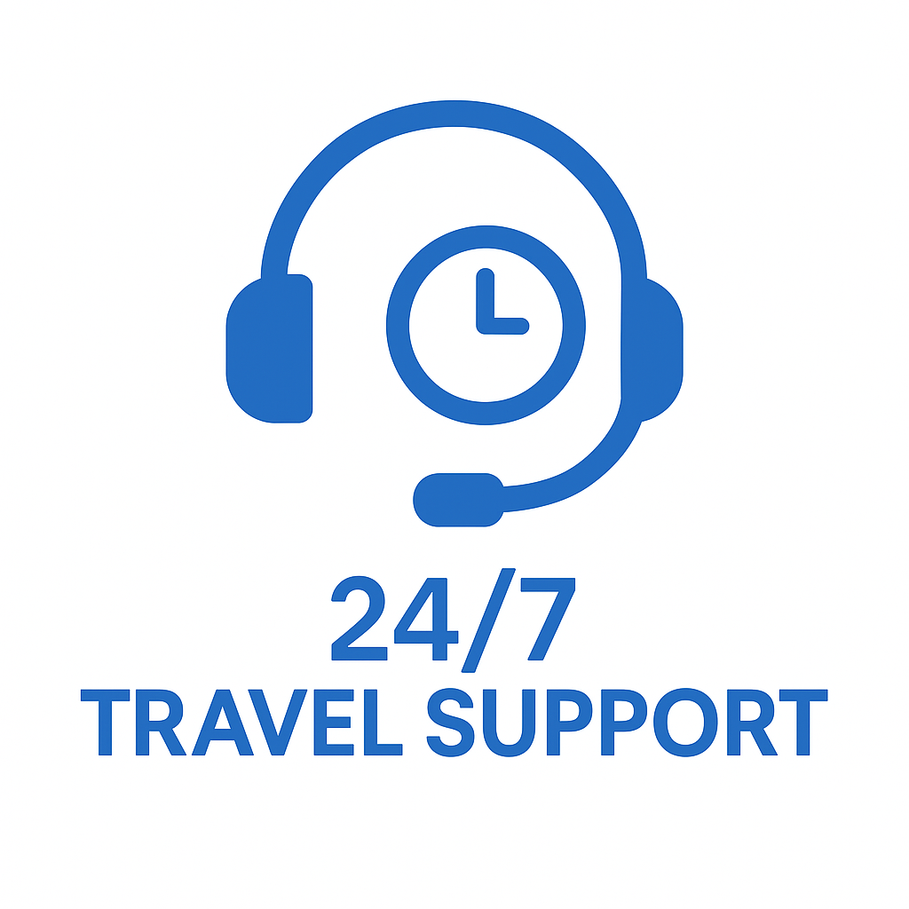 Blue headset with clock icon and bold text reading 24/7 Travel Support, symbolizing round-the-clock assistance for Himachal holiday bookings